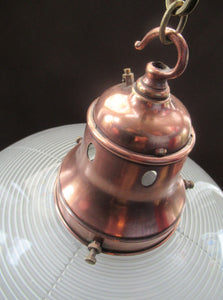 GENUINE Antique Glass HOLOPHANE Pendant Light with Two Section Shade & with Brass Holder, Ceiling Rose and Original Chain