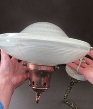 Load image into Gallery viewer, GENUINE Antique Glass HOLOPHANE Pendant Light with Two Section Shade &amp; with Brass Holder, Ceiling Rose and Original Chain
