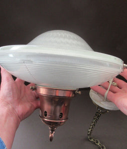GENUINE Antique Glass HOLOPHANE Pendant Light with Two Section Shade & with Brass Holder, Ceiling Rose and Original Chain