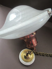 Load image into Gallery viewer, GENUINE Antique Glass HOLOPHANE Pendant Light with Two Section Shade &amp; with Brass Holder, Ceiling Rose and Original Chain
