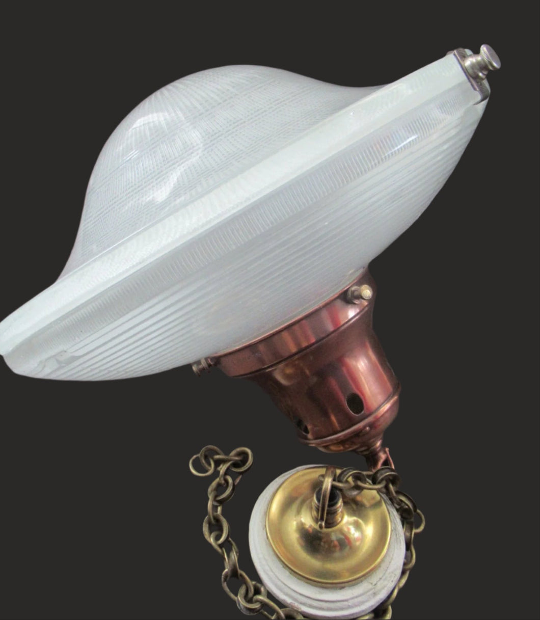 GENUINE Antique Glass HOLOPHANE Pendant Light with Two Section Shade & with Brass Holder, Ceiling Rose and Original Chain