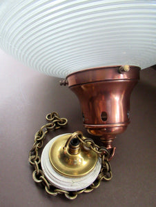 GENUINE Antique Glass HOLOPHANE Pendant Light with Two Section Shade & with Brass Holder, Ceiling Rose and Original Chain