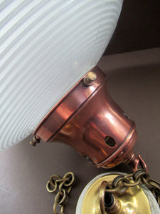 GENUINE Antique Glass HOLOPHANE Pendant Light with Two Section Shade & with Brass Holder, Ceiling Rose and Original Chain