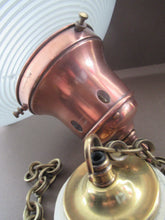 Load image into Gallery viewer, GENUINE Antique Glass HOLOPHANE Pendant Light with Two Section Shade &amp; with Brass Holder, Ceiling Rose and Original Chain
