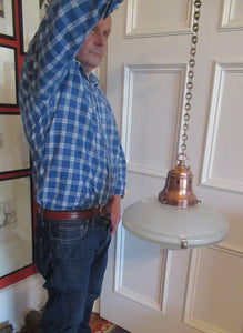 GENUINE Antique Glass HOLOPHANE Pendant Light with Two Section Shade & with Brass Holder, Ceiling Rose and Original Chain