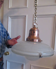 Load image into Gallery viewer, GENUINE Antique Glass HOLOPHANE Pendant Light with Two Section Shade &amp; with Brass Holder, Ceiling Rose and Original Chain
