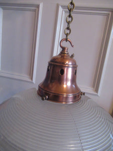 GENUINE Antique Glass HOLOPHANE Pendant Light with Two Section Shade & with Brass Holder, Ceiling Rose and Original Chain