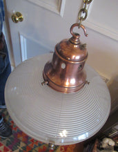 Load image into Gallery viewer, GENUINE Antique Glass HOLOPHANE Pendant Light with Two Section Shade &amp; with Brass Holder, Ceiling Rose and Original Chain
