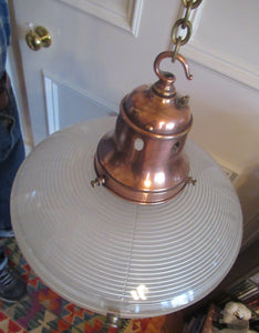 GENUINE Antique Glass HOLOPHANE Pendant Light with Two Section Shade & with Brass Holder, Ceiling Rose and Original Chain