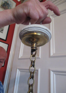 GENUINE Antique Glass HOLOPHANE Pendant Light with Two Section Shade & with Brass Holder, Ceiling Rose and Original Chain