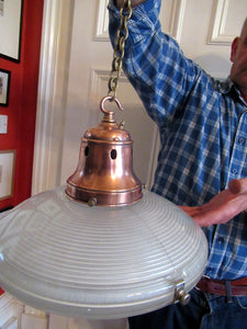 GENUINE Antique Glass HOLOPHANE Pendant Light with Two Section Shade & with Brass Holder, Ceiling Rose and Original Chain