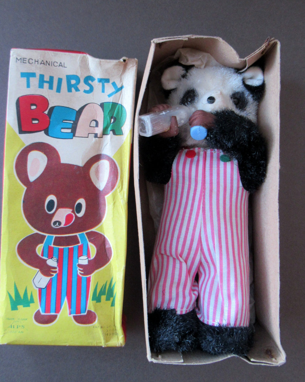 Rare Vintage 1950s ALPS Japan Mechanical Wind-Up Thirsty Bear / Panda Toy in Original Box