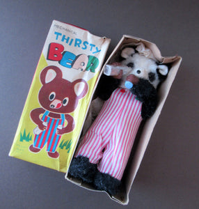 Rare Vintage 1950s ALPS Japan Mechanical Wind-Up Thirsty Bear / Panda Toy in Original Box 