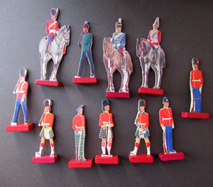 1950s Box of Printed Card Toy Soldiers with Wooden Stands. MASCOT