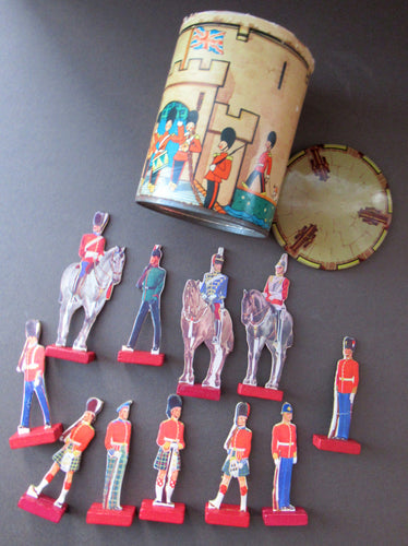 1950s Box of Printed Card Toy Soldiers with Wooden Stands. MASCOT