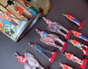 1950s Box of Printed Card Toy Soldiers with Wooden Stands. MASCOT