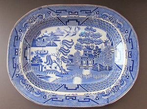 1880s Victorian Huge Ironstone Staffordshire Pottery Willow Pattern Serving Platter