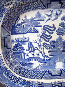 1880s Victorian Huge Ironstone Staffordshire Pottery Willow Pattern Serving Platter
