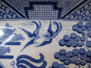 1880s Victorian Huge Ironstone Staffordshire Pottery Willow Pattern Serving Platter
