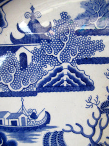 1880s Victorian Huge Ironstone Staffordshire Pottery Willow Pattern Serving Platter