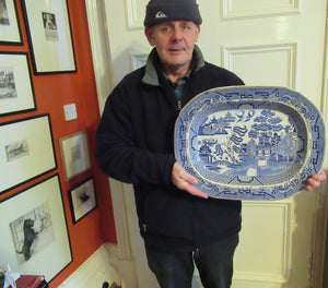 1880s Victorian Huge Ironstone Staffordshire Pottery Willow Pattern Serving Platter