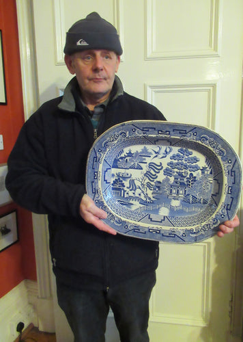 1880s Victorian Huge Ironstone Staffordshire Pottery Willow Pattern Serving Platter