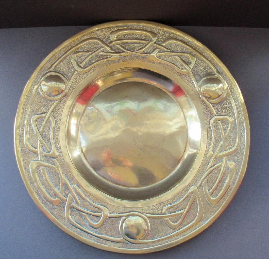 Glasgow School Celtic Design Brass Wall Charger with Knotwork Pattern c 1900