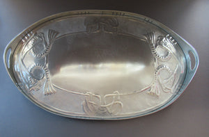 Glasgow School White Metal Oval Serving Tray with Celtic Design. Margaret Gilmour