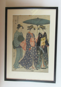 Antique Traditional 19th Century Japanese Print with Geishas FRAMED