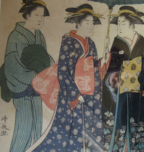 Antique Traditional 19th Century Japanese Print with Geishas FRAMED