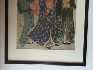 Antique Traditional 19th Century Japanese Print with Geishas FRAMED