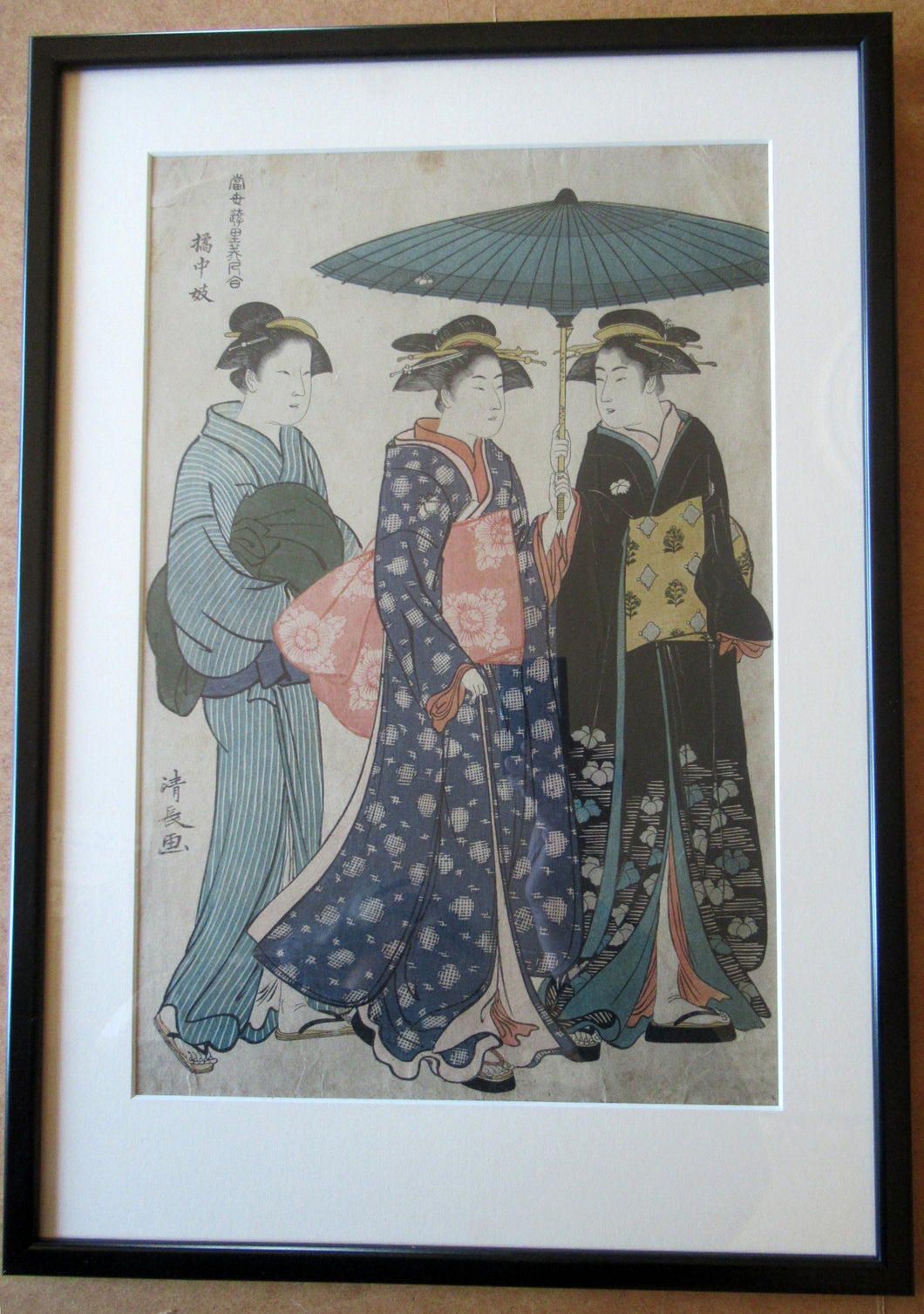 Antique Traditional 19th Century Japanese Print with Geishas FRAMED