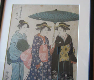 Antique Traditional 19th Century Japanese Print with Geishas FRAMED