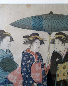 Antique Traditional 19th Century Japanese Print with Geishas FRAMED