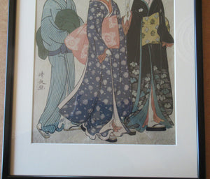 Antique Traditional 19th Century Japanese Print with Geishas FRAMED