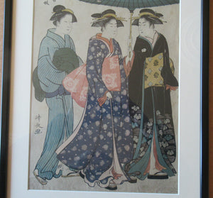 Antique Traditional 19th Century Japanese Print with Geishas FRAMED