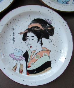 Three Japanese Stoneware Stoneware Plates. Geisha Girls