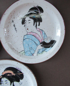 Three Japanese Stoneware Stoneware Plates. Geisha Girls