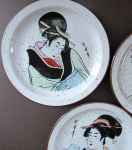 Three Japanese Stoneware Stoneware Plates. Geisha Girls