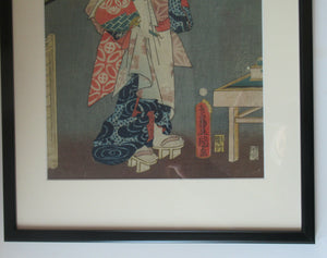 Antique Edo Period Japanese Woodblock Print with Geisha Serving Tea