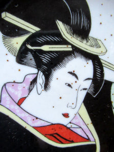 Three Japanese Stoneware Stoneware Plates. Geisha Girls