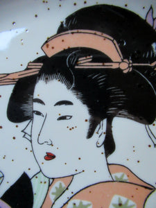 Three Japanese Stoneware Stoneware Plates. Geisha Girls