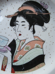 Three Japanese Stoneware Stoneware Plates. Geisha Girls