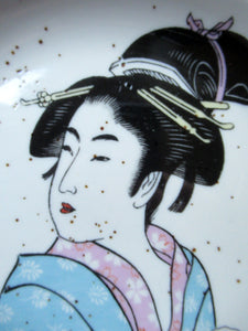 Three Japanese Stoneware Stoneware Plates. Geisha Girls