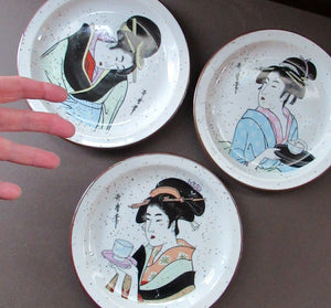 Three Japanese Stoneware Stoneware Plates. Geisha Girls