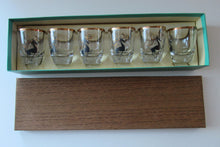 Load image into Gallery viewer, Vintage 1960s Shot Glasses with Black and Gold Reindeer Images

