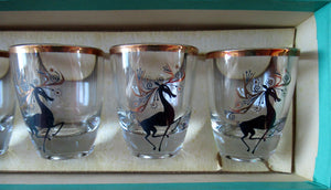Vintage 1960s Shot Glasses with Black and Gold Reindeer Images