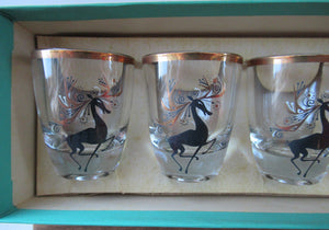 Vintage 1960s Shot Glasses with Black and Gold Reindeer Images