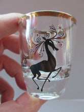 Load image into Gallery viewer, Vintage 1960s Shot Glasses with Black and Gold Reindeer Images
