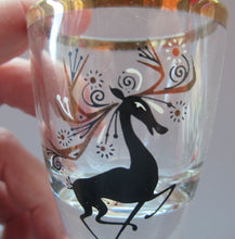 Load image into Gallery viewer, Vintage 1960s Shot Glasses with Black and Gold Reindeer Images
